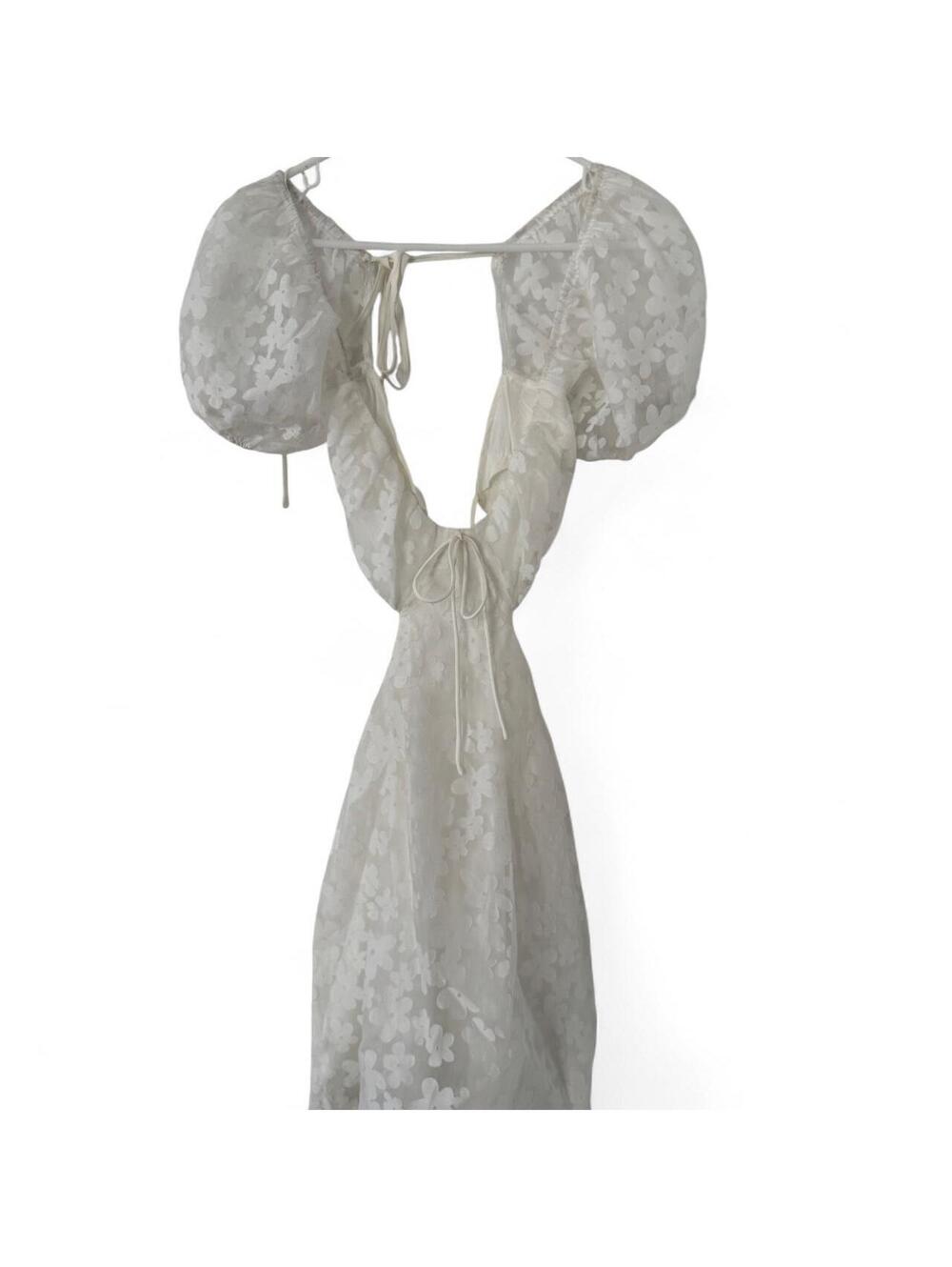 NWT Vintage Boutique Coquette White Lace Open Back Puff Sleeve Dress Size S